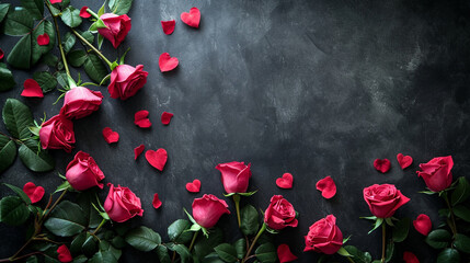 Red roses and scattered heart petals on a dark background with copy space