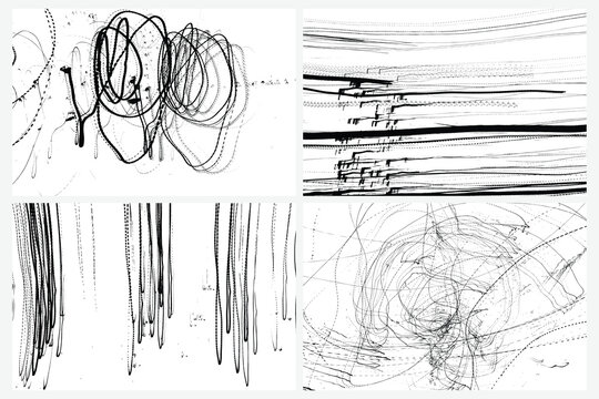 Scribble pen or pencil strokes brush set. Drawn chaotic randomized abstract black white patterns scratches. Random doodle covers, posters and cards. Black charcoal pencil sketch textures Vector.