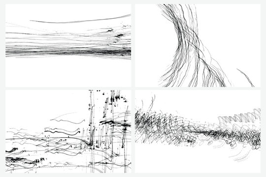 Scribble pen or pencil strokes brush set. Drawn chaotic randomized abstract black white patterns scratches. Random doodle covers, posters and cards. Black charcoal pencil sketch textures Vector.