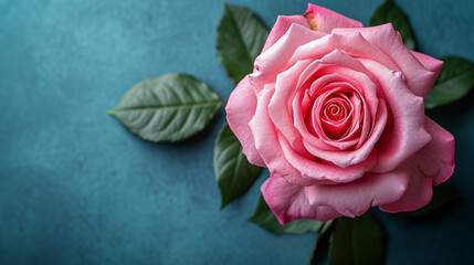A pink rose in full bloom with green leaves against a teal background