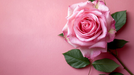 A single pink rose with a lush bloom and vibrant green leaves set against a soft pink background
