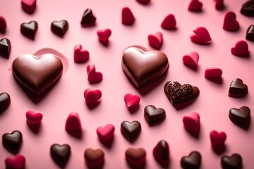 A Visual Symphony of Valentine's Romance, Featuring Heart-Shaped Chocolate Candies Artfully Arranged on a Delicate Pink Backdrop. A Visually Appealing and Inviting Celebration Scene, Where Sweetness M
