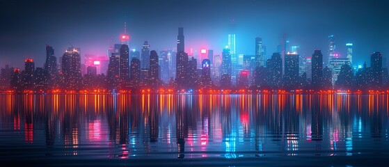 Fototapeta na wymiar Dazzling City Skyline With Glittering Water Reflections