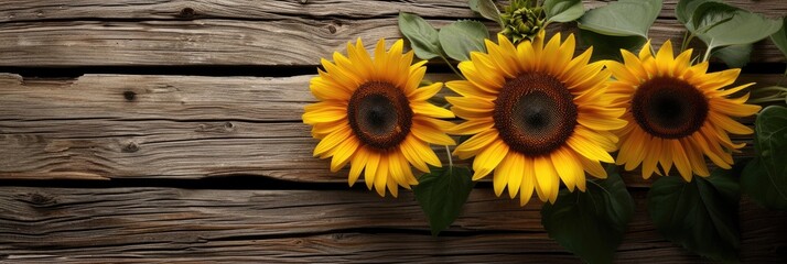 Obraz premium sunflowers on rustic wooden background many wooden slats