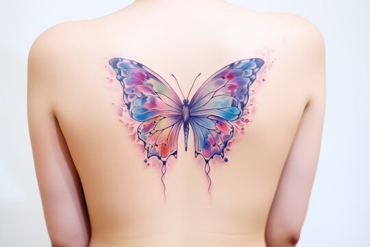 Colors butterfly tattoo on skin. Colors butterfly tattoo on back. Woman's tattoo, butterfly. Flower tattoo. Tattoo ideas for women. Tattoo parlor. Tattoo artist profession.​