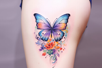 Colors butterfly tattoo on skin. Colors butterfly tattoo on leg. Woman's tattoo, butterfly. Flower tattoo. Tattoo ideas for women. Tattoo parlor. Tattoo artist profession.​