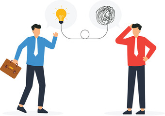 Fototapeta na wymiar Confused businessman thinking with other giving lightbulb solution, Problem solving skill to think of solutions, Creativity to solve difficult issue to help trouble concept, 