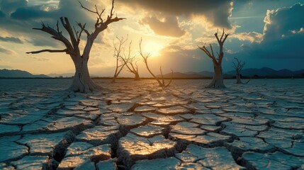 Dead trees on dry cracked earth metaphor Drought, Water crisis and World Climate change. - obrazy, fototapety, plakaty