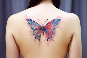 Colors butterfly tattoo on skin. Colors butterfly tattoo on back. Woman's tattoo, butterfly. Flower tattoo. Tattoo ideas for women. Tattoo parlor. Tattoo artist profession.​