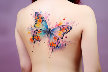 Colors butterfly tattoo on skin. Colors butterfly tattoo on back. Woman's tattoo, butterfly. Flower tattoo. Tattoo ideas for women. Tattoo parlor. Tattoo artist profession.​