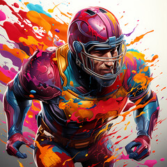 One american football player man, colorful splash paint illustration isolated on white background