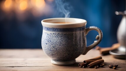 Soft focus on a porcelain mug filled with aromatic chai tea