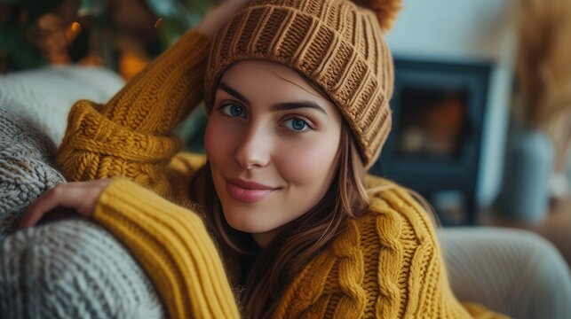 Happy young woman sitting on sofa at home and looking at camera. Portrait of comfortable woman in winter clothes relaxing on armchair. Portrait of beautiful girl smiling and relaxing during autumn