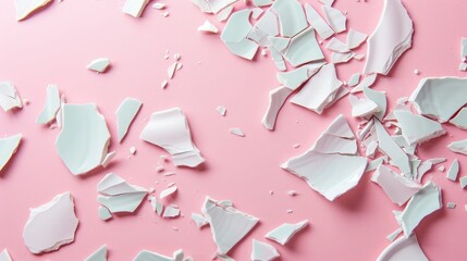 Pieces of broken ceramic plate on pink background, flat lay. Space for text