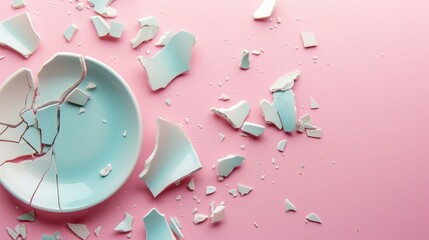 Pieces of broken ceramic plate on pink background, flat lay. Space for text