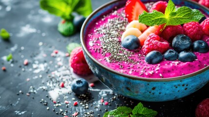 Mouthwatering vegetable smoothie bowls for breakfast with berries and seeds.
