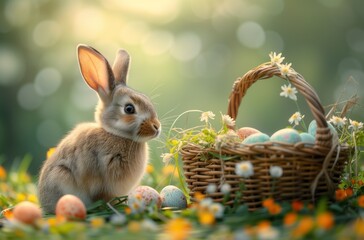 Fototapeta na wymiar Charming Easter Basket Delight - Easter Eggs and Easter Bunny in the Basket