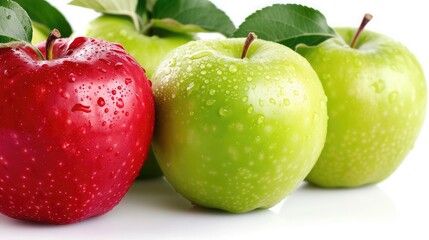 Red apple among green apples isolated on a white