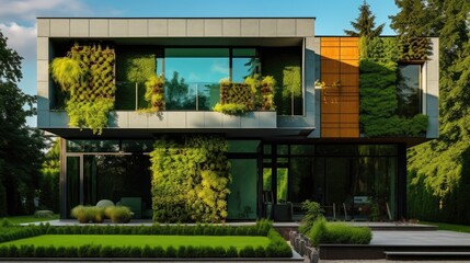 Fototapeta na wymiar Green facade of the modern house, green ecology building