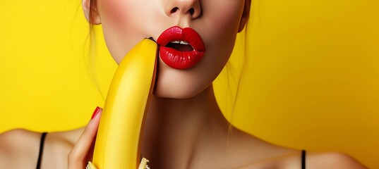 Beautiful woman with red lips biting yellow banana, close up shot with copy space