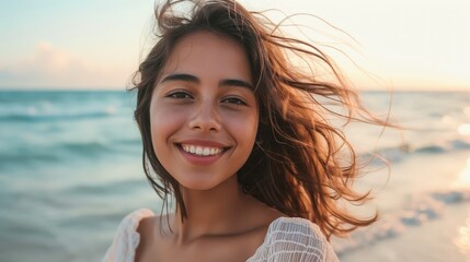 young woman at sea looking at camera. Smiling latin hispanic girl standing at the beach with copy space and looking at camera. Happy mixed race girl in casual outfit with wind in her hair. - obrazy, fototapety, plakaty