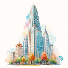 Fototapeta na wymiar Skyscrapers in modern city colorful pwater color painted image