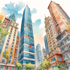 Skyscrapers in modern city colorful pwater color painted image
