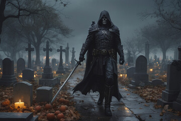 Fototapeta premium Death man warrior in cemeterry at moonlight