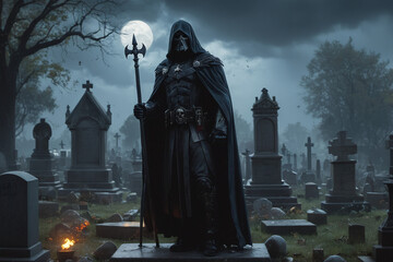 Fototapeta premium Death man warrior in cemeterry at moonlight