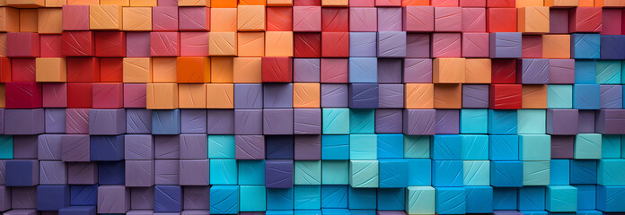 Colorful wooden blocks lined up in an aligned formation , On top of each other ,Wide format