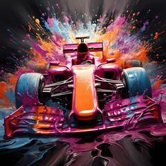 Fast formula one speed vehicle automobile, colorful splash paint illustration on white background