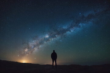 Fototapeta premium Silhouette of lonely man watching starry sky at night