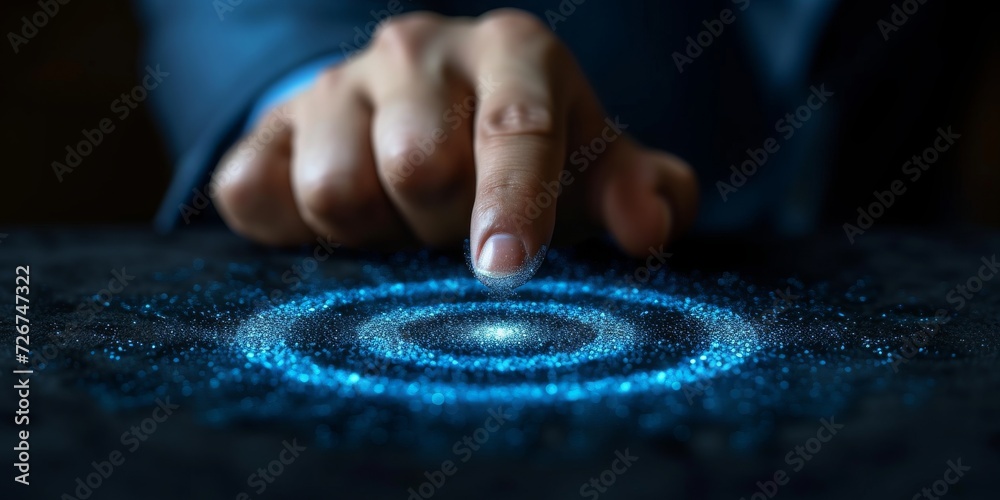 Poster future at fingertips: a human hand interacting with a holographic interface, symbolizing advanced te