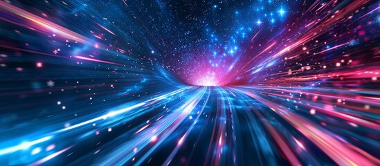 Illustration of traveling at high speeds through space among stars, with a futuristic background and rapid motion.