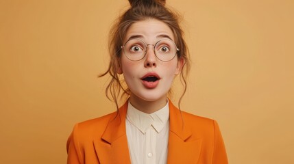 happy successful employee business woman corporate lawyer wearing classic formal orange suit glasses work in office look camera isolated on plain beige color background