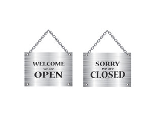Open and closed signs on metal board, vector