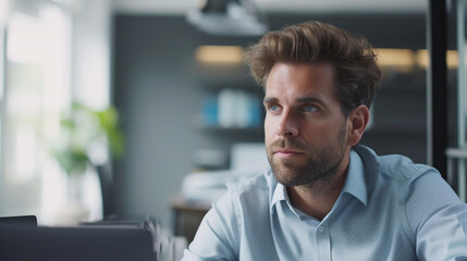 Obraz premium Young businessman in a close-up office meeting, solving complex problems and making decisions. Sharp attention to detail, 32k UHD, progressive academy style. Dreamy and romantic atmosphere
