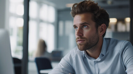 Obraz premium Young businessman leading a meeting, solving complex problems, making decisions. Close-up, sharp attention to detail in 32k UHD. Progressive academy style, dreamy and romantic. Research and analysis