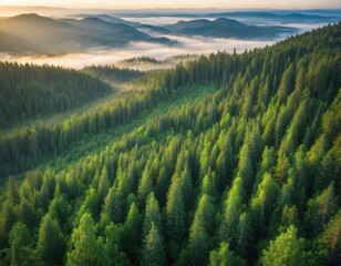 Nature symphony. Lush green pines forest serene summer morning view. Coniferous haven.	