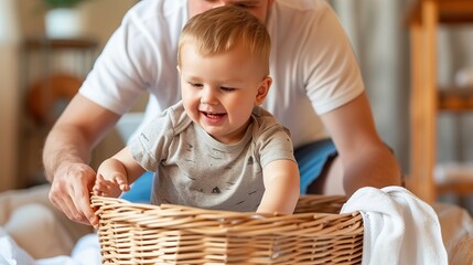 Father and son working together to load dirty laundry into the washing machine at home