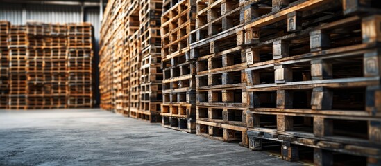 Storage for pallets, supplies for warehouses, wooden pallets, wall made of pallets, transport equipment, and cargo.