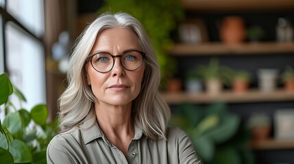 Confident middle aged businesswoman with gray hair wearing glasses in office environment
