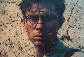 A bespectacled man with a fractured exterior, revealing a complex and vulnerable human face