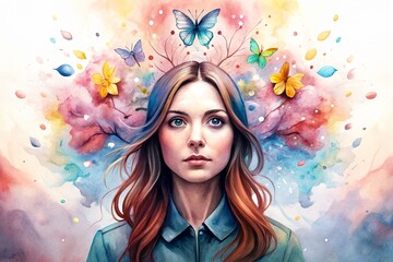woman abstract mental health, Mental health and creative abstract concept, Colorful illustration of Happy woman head with flowers and butterflies, Mindfulness and self care idea.