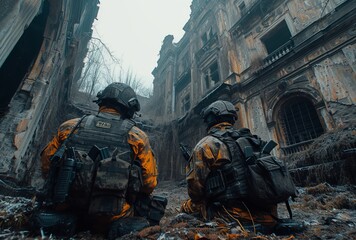 Two soldiers kneel in solemn reverence, their weapons discarded at their sides, as they gaze upon the ruins of a once-proud building against the backdrop of a violent sky