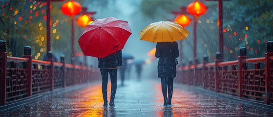 Two People Holding Umbrellas Walking in the Rain