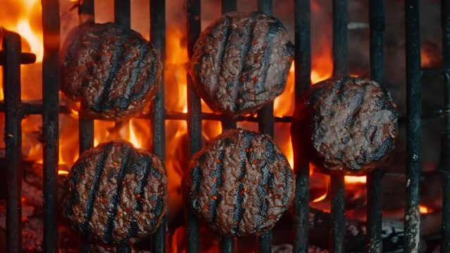 vegan meat for burgers cooking on barbeque pit,top view .