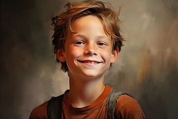 portrait of smiled 13 years old boy teen on gray background  - obrazy, fototapety, plakaty