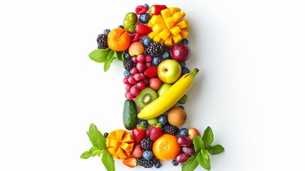 Vibrant number one made of assorted fruits and vegetables isolated on a clean white background