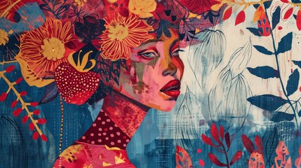  a close up of a painting of a woman with flowers on her head and a blue sky in the background.
